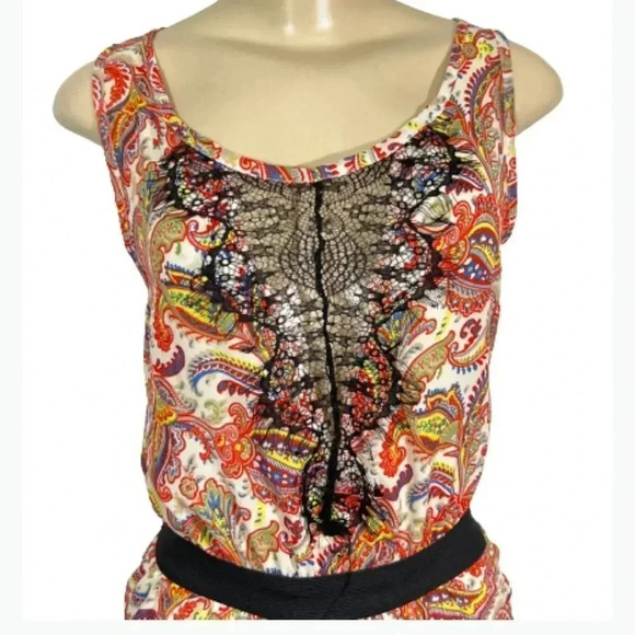 LOVE CULTURE JUMPSUIT LACE  WHITE  COLORFUL PAISLEY PRINT WIDE LEG PANTS - Picture 2 of 11